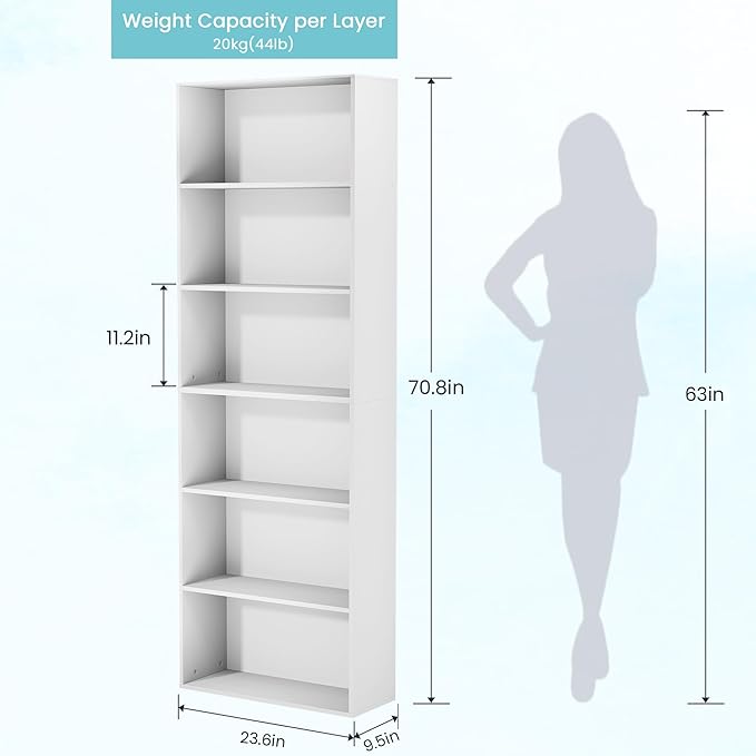 71" Tall 6-Tier Bookshelf, Large Open Display Bookcase with Ample Storage, Floor Standing Book Shelf for Living Room, Home Office, Bed Room, White