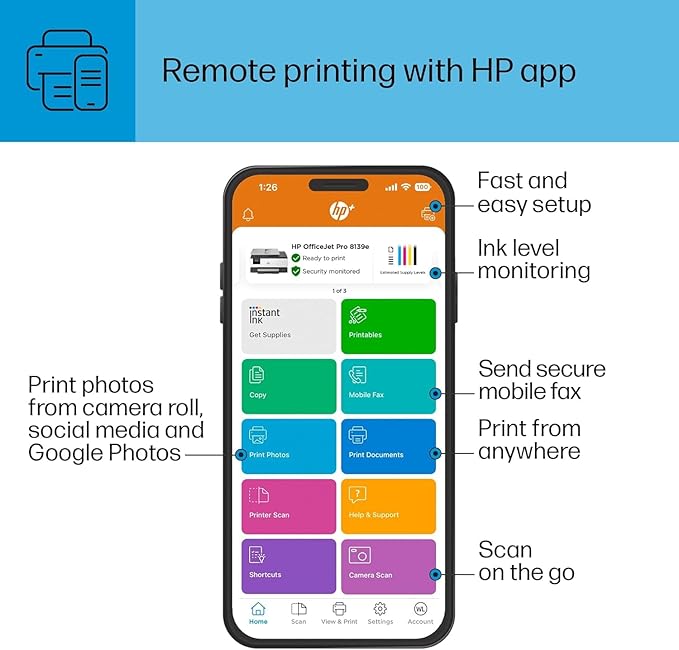 HP OfficeJet Pro 8139e Wireless All-in-One Color Inkjet Printer, Print, scan, Copy, fax, ADF, Duplex Printing Best-for-Home Office, 1 Year of Instant Ink Included (Renewed)