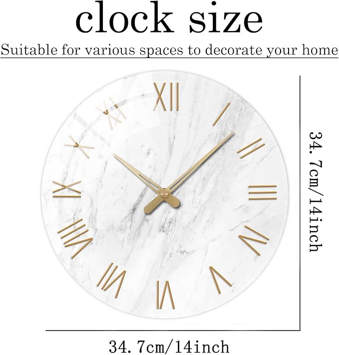 Round Marble Battery Wall Clock Modern 14 Inch White Minimalist Wall Clock for Kitchen Quartz Glass Silent Clock for Wall