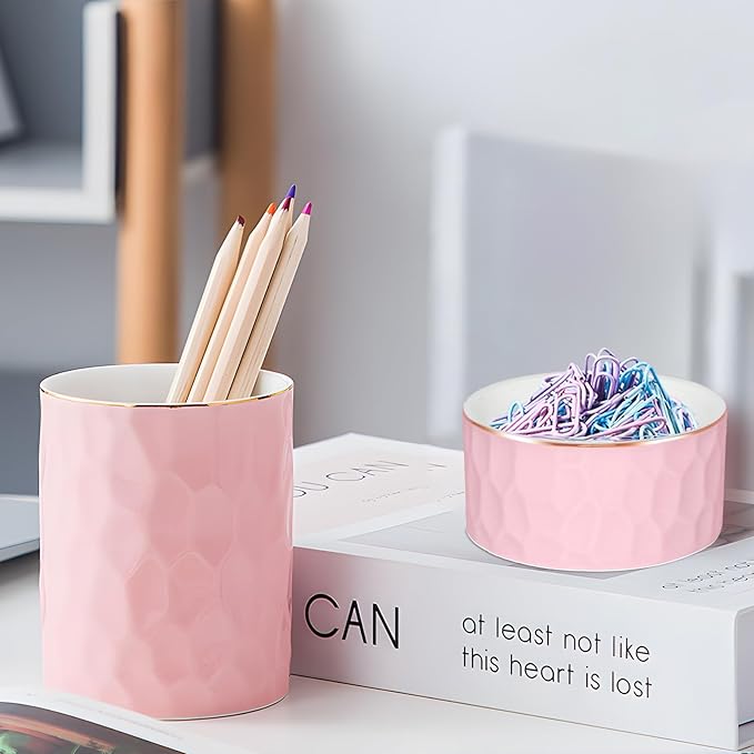 Aesthetic Desk Accessories Set of 2 For Your Office Desk Decor- Sturdy Concrete Desktop Accessories For Women Enhance Any Office Decor - Set incl. Ceramic Pink Pen Holder and Paper Clip Holder(Pink)