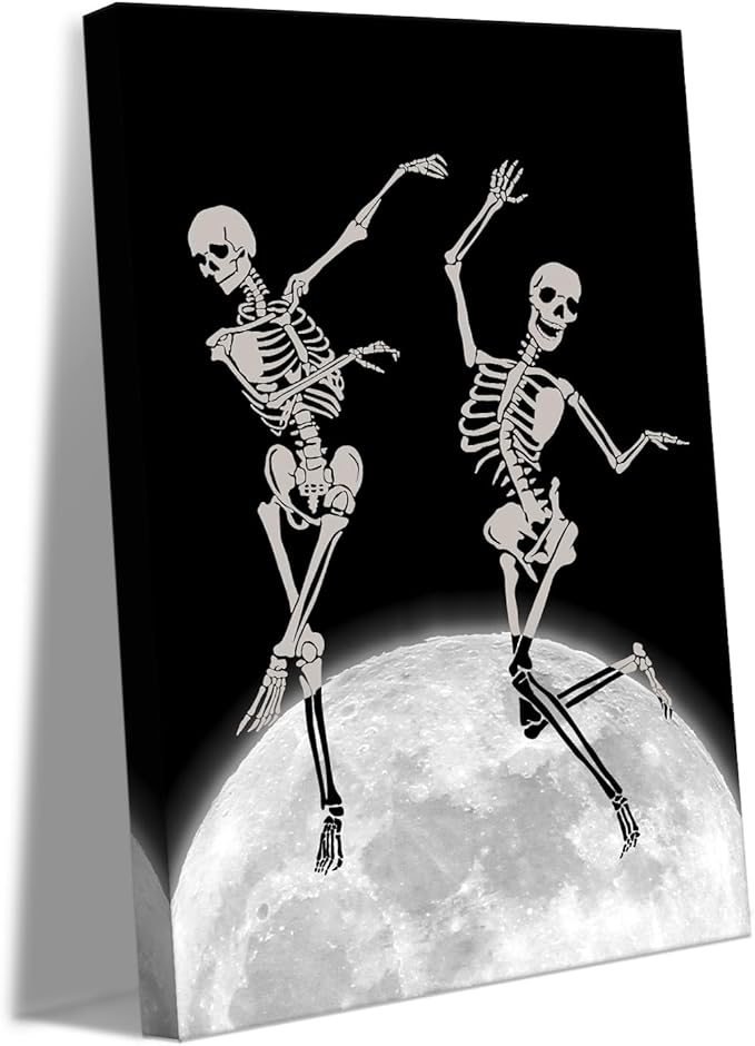 Wall Art for Living Room - Framed Dancing Skeletons on Moon Painting Unique Gothic Poster Aesthetic Artwork Fun Dark Humor Canvas Print Spooky Bedroom Office Home Decoration, Large 28"x44"