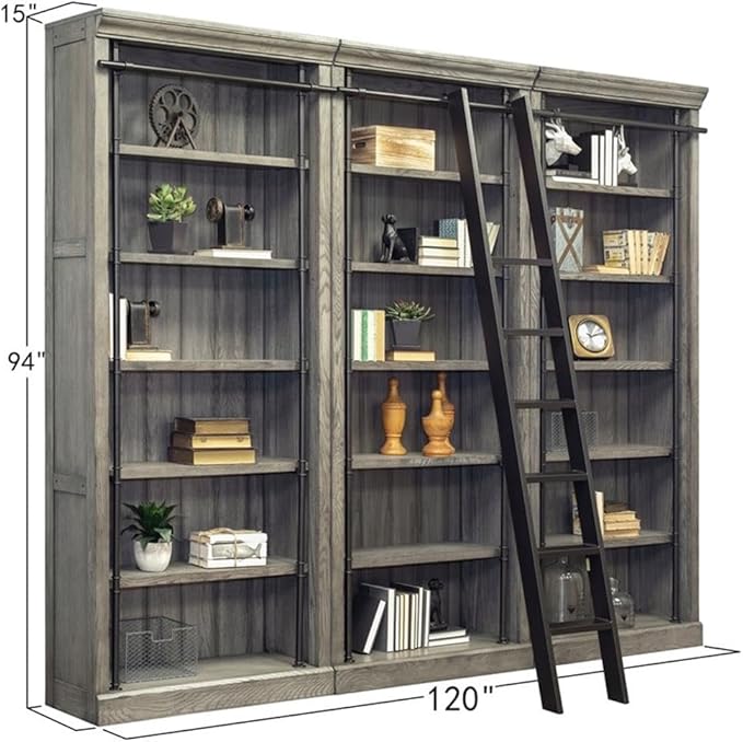 Martin Furniture Avondale 8' Tall Bookcase Wall with Ladder Storage Organizer Display Gray