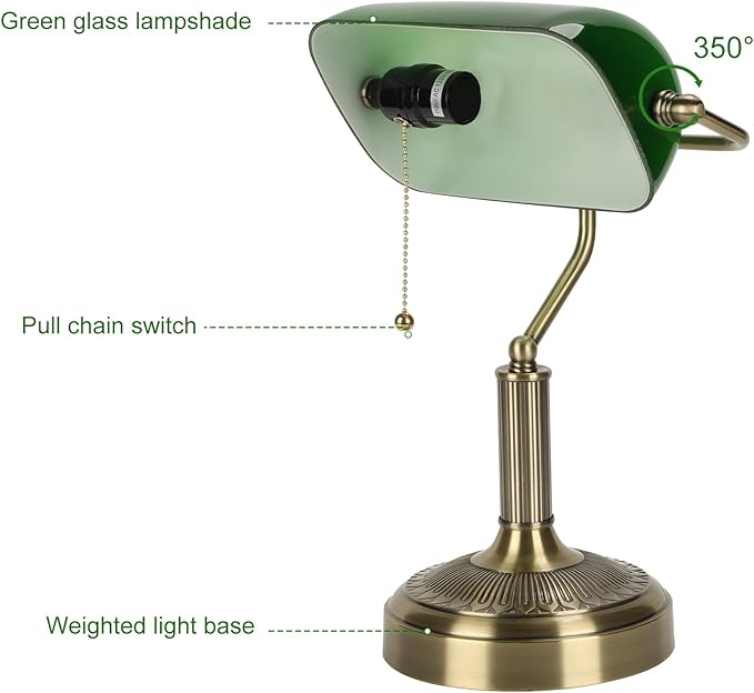 NISSAFORS Bankers Desk Lamp, Green Glass Shade, Vintage Desk Lamp with Pull Chain Switch, Retro Table Lamps for Home Office (Brass+Green, Middle)