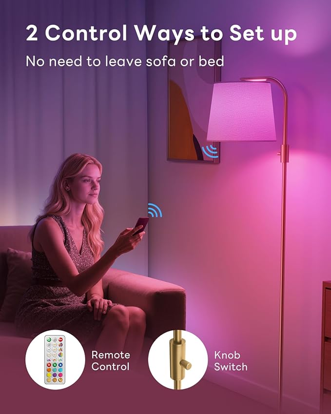 Dimmable Arc Floor Lamp, 1200 Lumens RGBCW Color Change Bulb Included, Standing Lamp with Linen Shade, 65" Tall Lamp with Remote for Living Room, Bedroom, Office, Dining Room, Kitchen, Gold