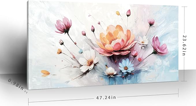 amatop Floral Canvas Wall Art – Framed Modern Abstract Botanical Print in Pink, Blue & White, Nature Art for Living Room, Bedroom & Office Decor (48x24 Inches)
