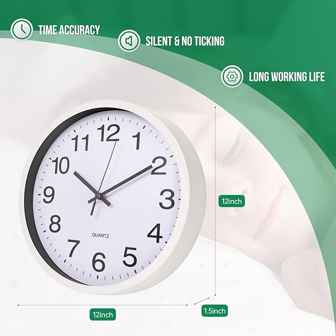 Wall Clock 12 Inch Metal Finish Silent Non Ticking Indoor Clock Round Battery Operated Stainless Steel Wall Clocks for Home, Office, Living Room (White-White, 12 Inch)