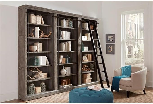 Martin Furniture Avondale 8' Tall Bookcase Wall with Ladder Storage Organizer Display Gray