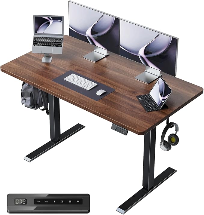 CubiCubi 40 x 24 Small One-Piece Standing Desk, Adjustable Height Electric Computer Home Office Sit Stand up Workstation, with 4 Memory Presets, Headphone Hook, Black Walnut