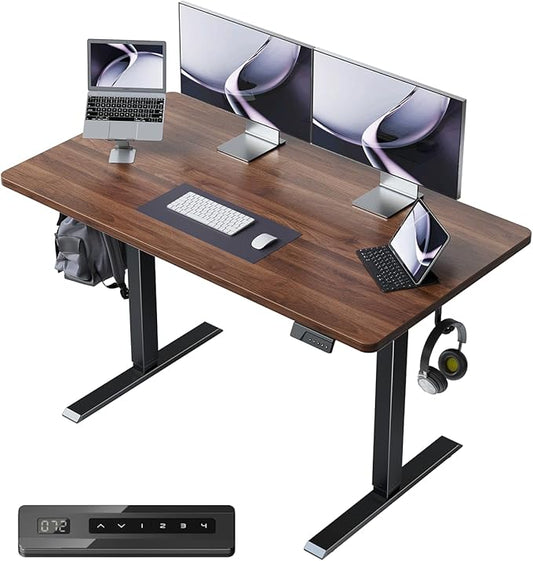 CubiCubi 40 x 24 Small One-Piece Standing Desk, Adjustable Height Electric Computer Home Office Sit Stand up Workstation, with 4 Memory Presets, Headphone Hook, Black Walnut