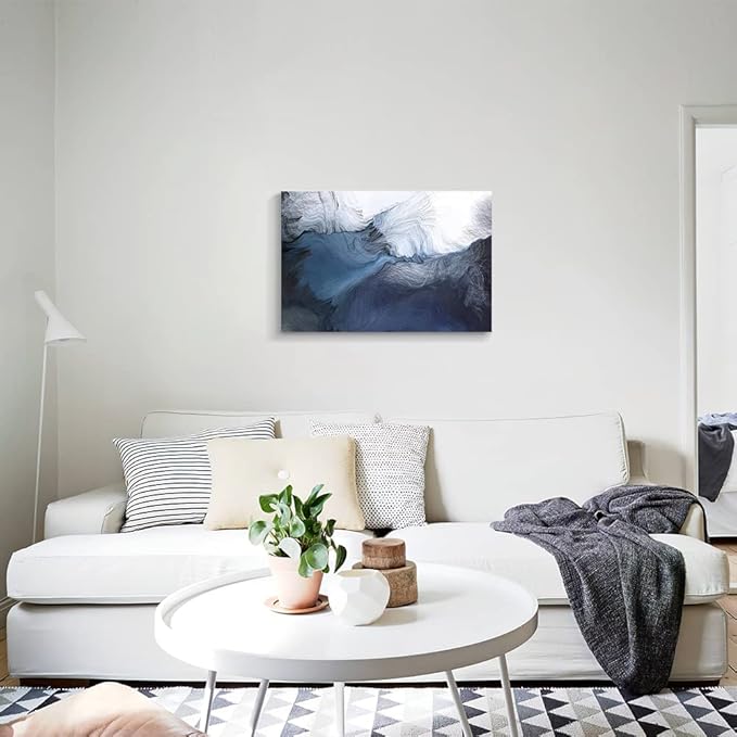 Canvas Wall Art Abstract Art Paintings Navy Blue Block and Line Graffiti is Like Running Water on White Background Modern Artwork Decor for Living Room Bedroom Kitchen 30x20in