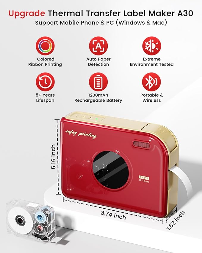 Phomemo Ribbon Printer, A30 Label Laker Machine Mini Bluetooth Portabel Color Text Label Printer, Smart Thermal Transfer Printing for Gift Craft Holiday Decor, Cloth Name Tags, in/Outdoor