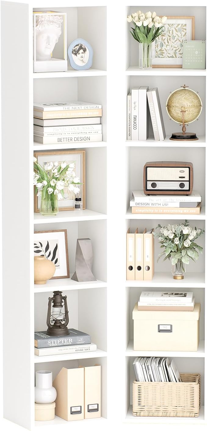 Narrow Bookshelf & Bookcase Set of 2, 6-Tier Floor Standing Open Book Shelf, Modern Corner Bookshelf with Storage Space, 71.5" Tall Bookshelves for Bedroom, Living Room and Office, White