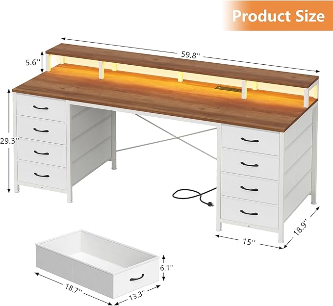 60 Inch Computer Desk with 8 Fabric Drawers, Gaming Desk with LED Lights & Power Outlets, Home Office Desk with Monitor Stand, Brown and White