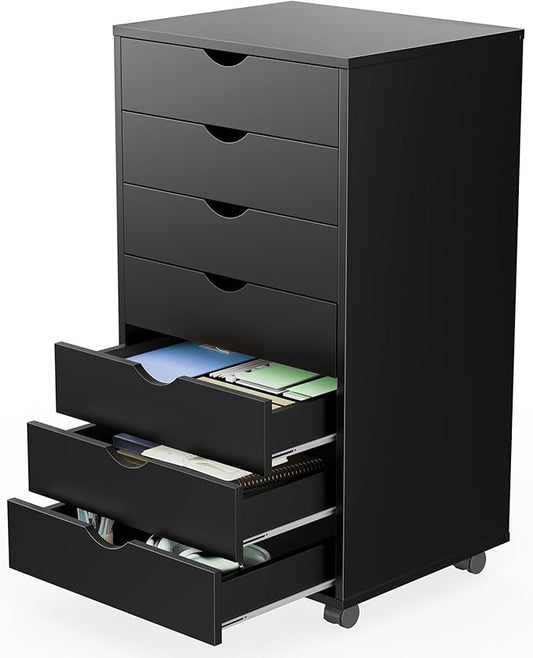 NEWBULIG 7 Drawers File Cabinet Under Desk Storage with Wheels Small Rolling Office Filing Cabinets Chest of Dawers for Home Office Black