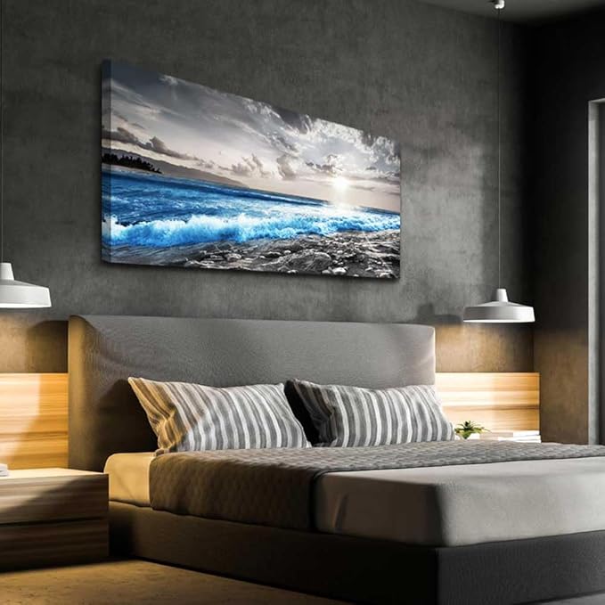 Hyidecorart Framed Canvas Wall Art - Large Size Decor for Office, Living Room, Bedroom - Blue Ocean, Black & White Modern Pictures