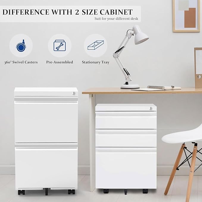 3-Drawer Mobile File Cabinets, Rolling Metal Vertical Filing Cabinet for Legal & Letter File Anti-tilt Design with Lock Fully Assembled Except Wheel, White