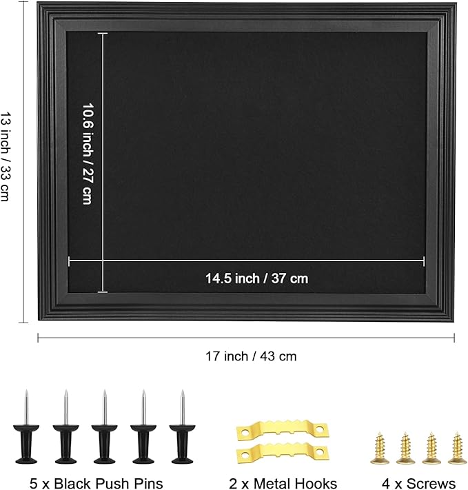 Bulletin Board with Felt, Black Wood Framed Display Bulletin Board for Walls with Pins, Eye Bolts, gaskets, Screws, Pin Board for Office, School and Home(MZB-BK,3343,1P)