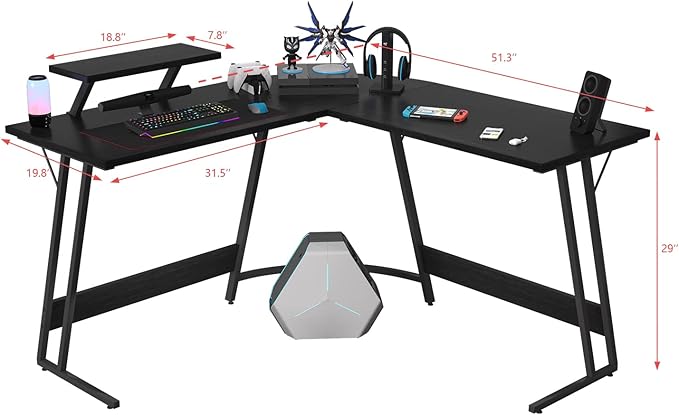 Homall L Shaped Gaming Desk Computer Corner Desk PC Gaming Desk Table with Large Monitor Riser Stand for Home Office Sturdy Writing Workstation (Classical Black, 51 Inch)