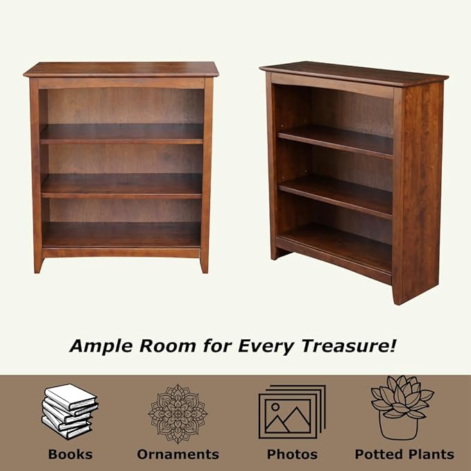 Solid Wood Bookcase 36" High, Parawood, Adjustable Shelves, Kitchen/Dining Furniture