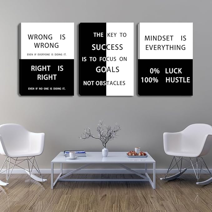 Mindset Wall Art 3 Pieces Inspirational Canvas Wall Art Success Posters Prints Black Motivational Quote Painting Picture for Office Workplace Home Bedroom Decor Framed(60" Wx28 H)