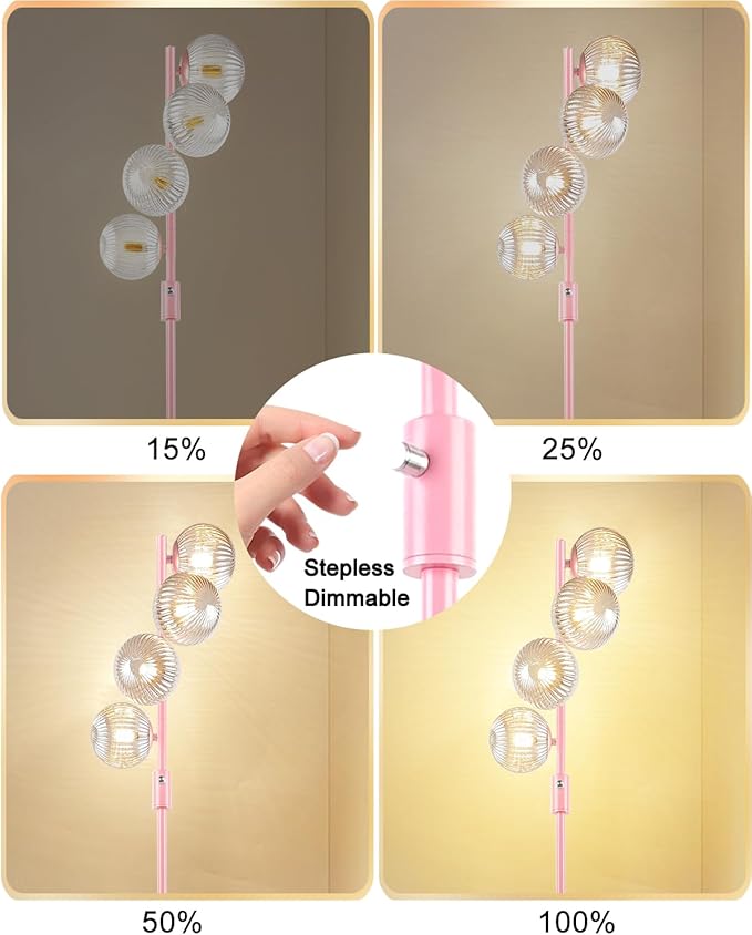 Lightdot 64IN Dimmable Floor Lamp with Globe Clear Glass Shade, Modern Pink Standing Lamps with 4PCS 3000K Bulbs Included, Mid Century Floor Lamp for Living Room Bedroom//Sofa Beside/Corner Decor