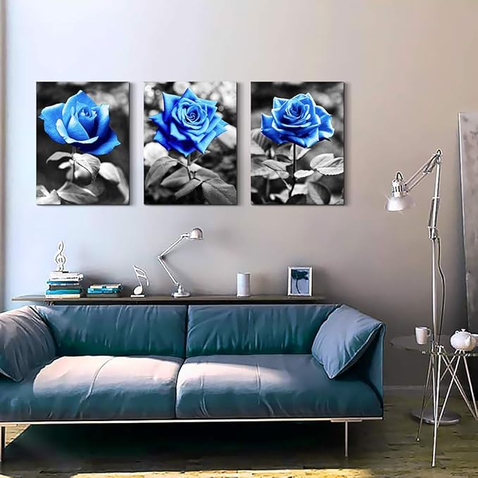 Lapremoly Wall Art For Bedroom Black And White Wall Decor For Living Room Kitchen Family Pictures Artwork Blue Rose Flowers Framed Canvas Paintings Ready To Hang Modern Office Home Decorations