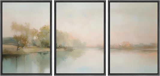 MUDECOR Framed Wall Art Print Set Soft Pastel Landscape Serene Waters and Reflections Illustrations Modern Art Boho Decorative Colorful Chic for Living Room, Bedroom, Office - 16"x24"x3 Black