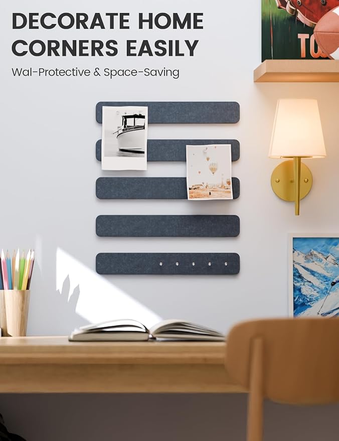 Fluxynara Cork Board Alternative Felt Strip Board 5-Pack 13"x2", Office Pin Board with 35 Push Pins, Adhesive Install for Bedroom Door & Home Office(Denim Blue)