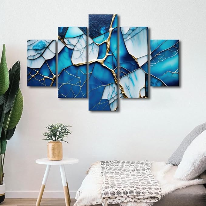 Canvas Wall Art Decor Abstract Wall Art Ice Blue Glass Abstract Poster Prints on Canvas 5 Panel Modern Minimalist Canvas Artwork for Men Lady Home Wall Decor Stretched Ready to Hang 60x40 in