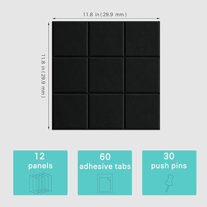 Large Cork Board, 12 Pack Felt Wall Tiles with Safe Removable Adhesive, Bulletin Board for Office, Pin Tack Corkboard for Quilting Design & Dart Wall Protector 48" x 36" - Black