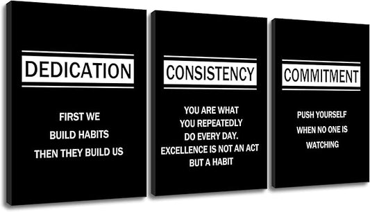 Dedication Consistency Commitment Motivational Canvas Wall Art Office Decor 3 Pieces Inspirational Quotes Posters Print Artwork for Bedroom Home Bathroom Wall Picture Ready to Hang [36''W x 16''H]