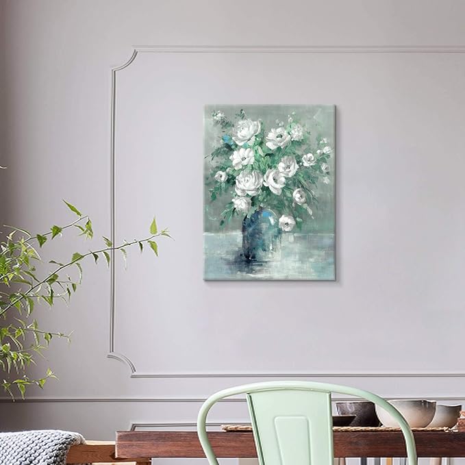 UTOP-art Floral Canvas Wall Art Painting White Rose Flower Green Leaves Hand Painted Texture Picture Artwork For Bedroom Plant Wall Decor Bathroom Walls Office(18'' x 24'' x 1 Panel)