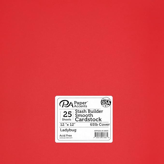 PA Paper Accents Smooth Cardstock 12” x 12” Ladybug, 65lb colored cardstock paper for card making, scrapbooking, printing, quilling and crafts, 25 piece pack