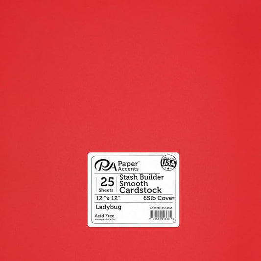 PA Paper Accents Smooth Cardstock 12” x 12” Ladybug, 65lb colored cardstock paper for card making, scrapbooking, printing, quilling and crafts, 25 piece pack