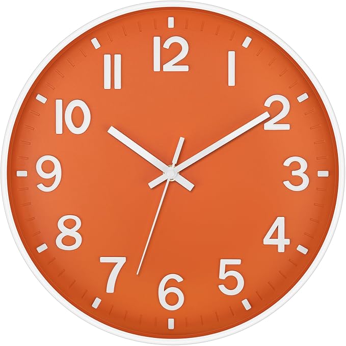 Foxtop Modern Wall Clock Silent Non-Ticking Battery Operated Round Quartz 12 Inch Wall Clock for Bedroom Living Room Kitchen Home School Office Decor (Orange & White)