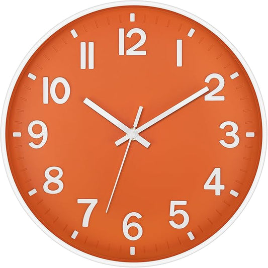 Foxtop Modern Wall Clock Silent Non-Ticking Battery Operated Round Quartz 12 Inch Wall Clock for Bedroom Living Room Kitchen Home School Office Decor (Orange & White)