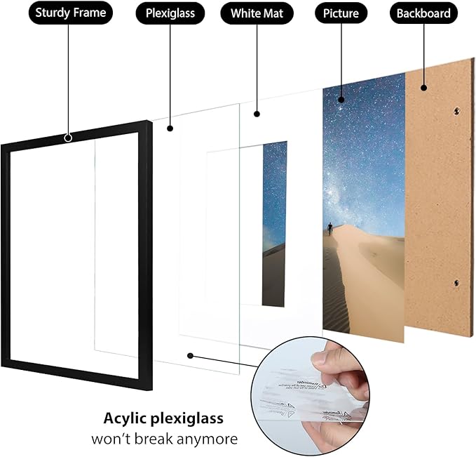 KINLINK 12x16 Picture Frame Black, Wooden 16x12 Photo Frames with Plexiglass for 11x14 Picture with Mat or 12x16 Without Mat, Perfect for Art Wall Gallery and Tabletop Display 12 x 16 frame Set of 6