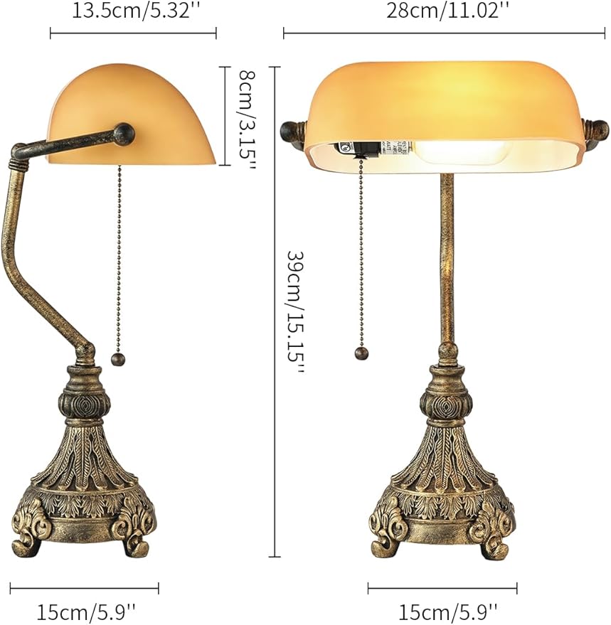 Newrays Vintage Amber Glass Bankers Desk Lamp for Home Office,Library with Pull Chain Switch Plug in Fixture, LED Bulb Included