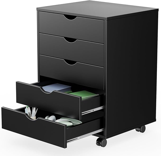 NEWBULIG 5 Drawers File Cabinet Under Desk Storage with Wheels Small Rolling Office Filing Cabinets Chest of Dawers for Home Office Black