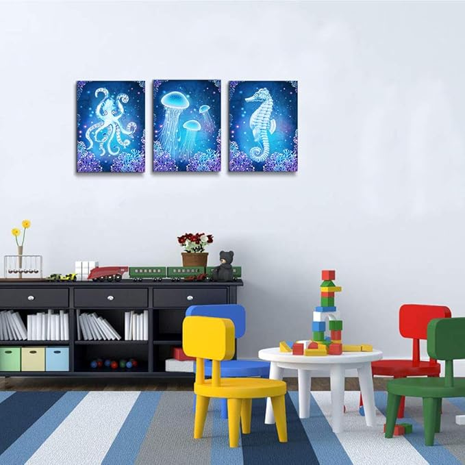 blue Ocean Life Theme Canvas Prints Wall Art Paintings for Living Room Wall Artworks Sea Animal sea horse Octopus jellyfish Pictures Bedroom Decorations 3 Panels Home bathroom Wall decor posters
