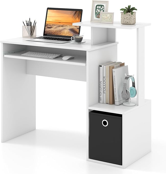 Tangkula Computer Desk with Fabric Drawer & Keyboard Tray, Space-Saving Study Writing Desk with Open Storage Shelves & Printer Stand, Modern Home Office Computer Workstation for Small Spaces (White)