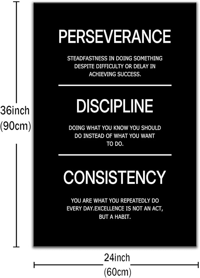 Motivational Office Poster Decor Inspirational Canvas Wall Art Perseverance Discipline Consistency Success Quotes Picture Painting Artwork for Classroom School Stretched and Framed [24''Wx36''H]
