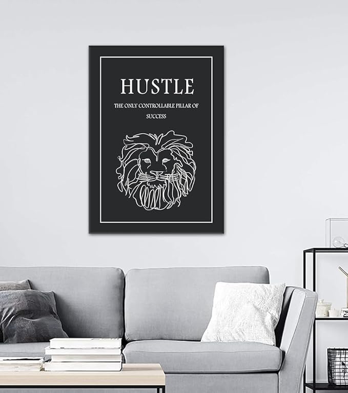 Hustle Wall Art - Motivational Lion Canvas Print, The Only Controllable Pillar of Success Inspirational Office Wall Decor, Modern Black and White Painting for Home Gym Living Room, Framed 24"x36"