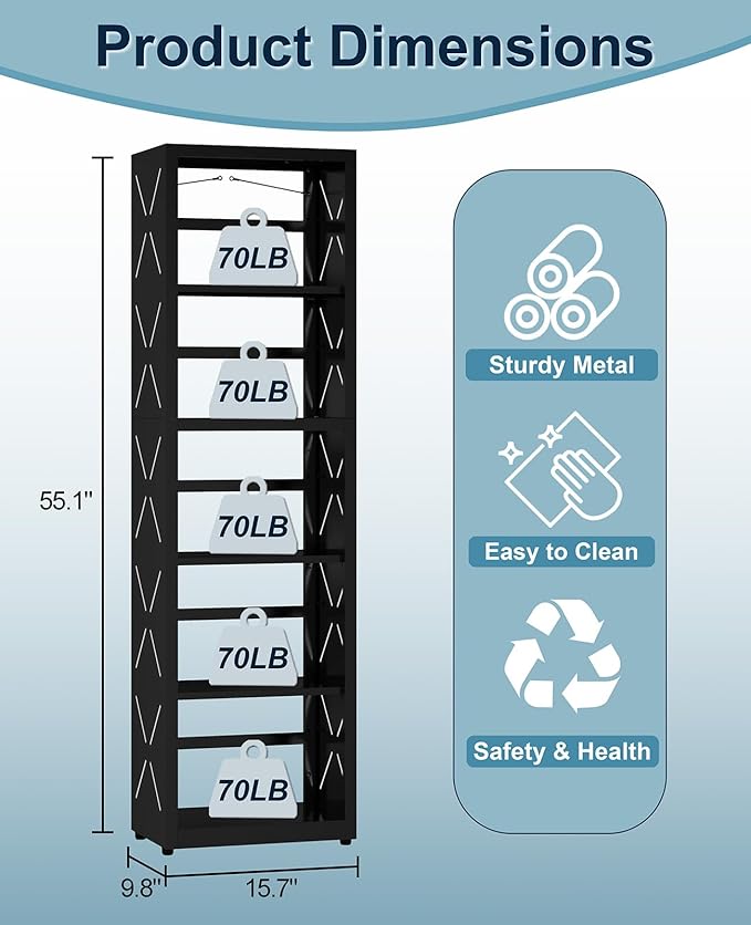 5-Tier Bookshelf, Metal Bookcase with Adjustable Shelves for Home Office, Kitchen and Garage, Modern Corner Tall Shelves with Anti-Tip Kit & Leveling Feet, Heavy-Duty Display Storage Organizer (Black)
