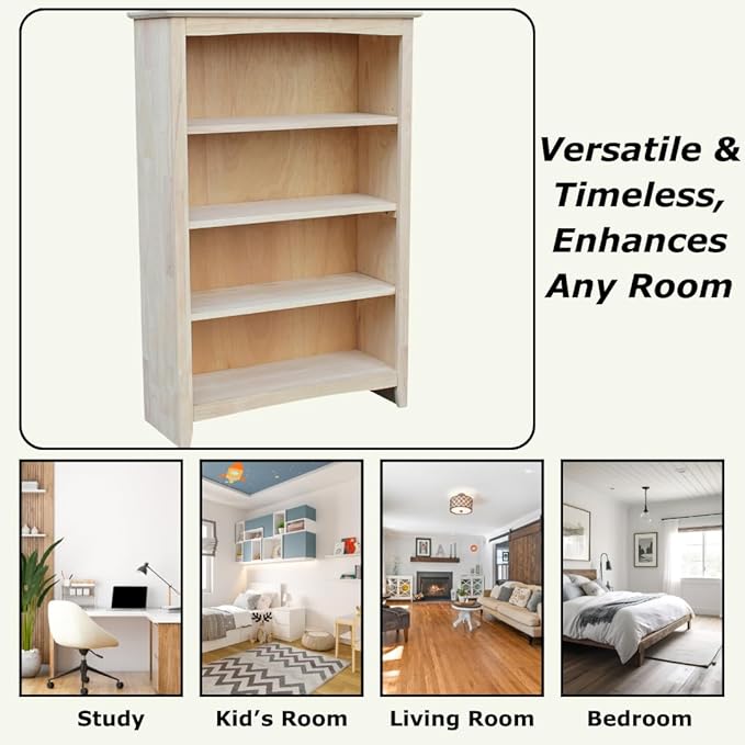 International Concepts Shaker Bookcase, 48-Inch High, Solid Parawood, Unfinished