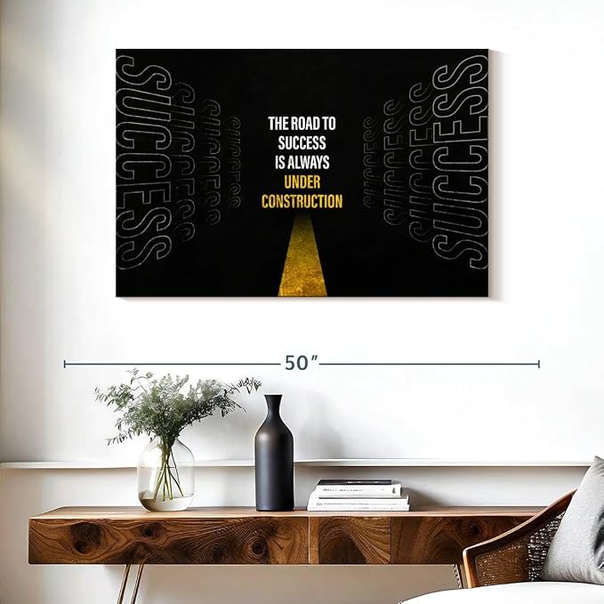 ElephantStock - Work On Your Road To Success Wall Art - Horizontal Canvas Wall Art - Home Office Wall Decor - Digital Art Inspirational And Typography Canvas Art - Black And White Decor - 39" x 26"