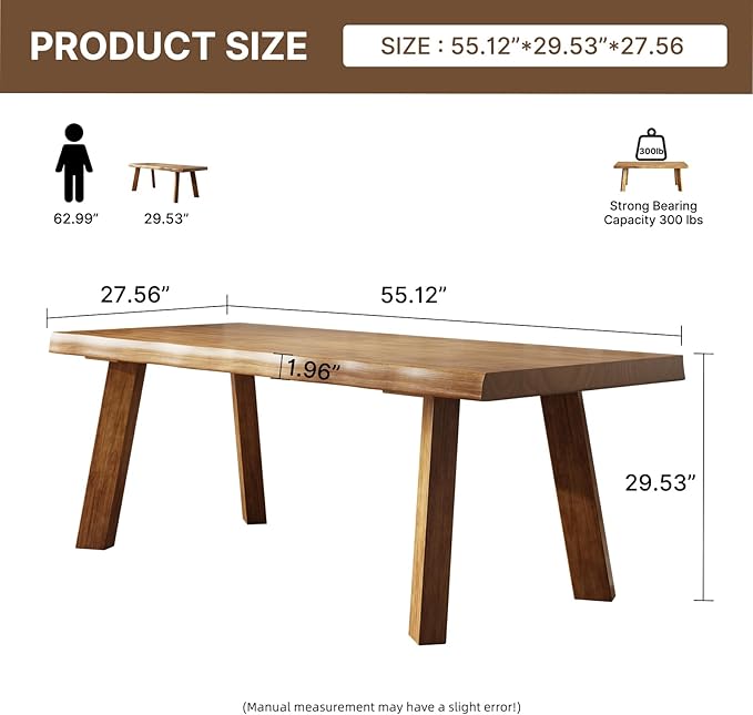 Solid Wood Desk 55 inches, Live Edge Wooden Home Office Computer Desk Modern Simple Design for Writing, Study, Dining, Gaming