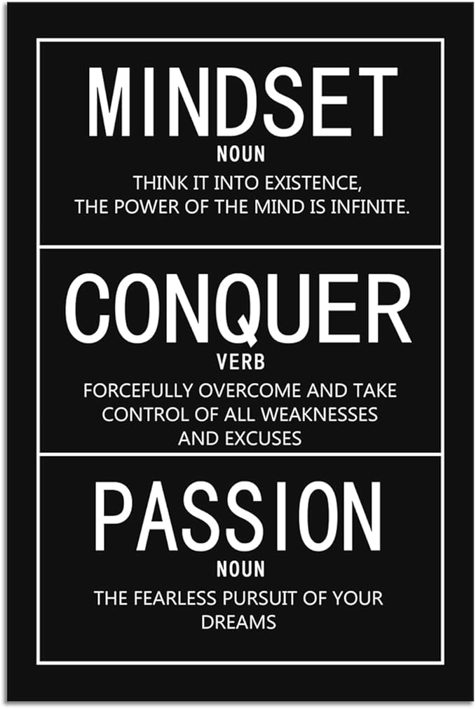 Inspirational Canvas Wall Art Motivational Painting Inspiring Entrepreneur Proverbs Mindset Noun Conquer Verb Passion Noun Posters Prints Artwork Decor for Home Office Framed[12" W X 18" H]