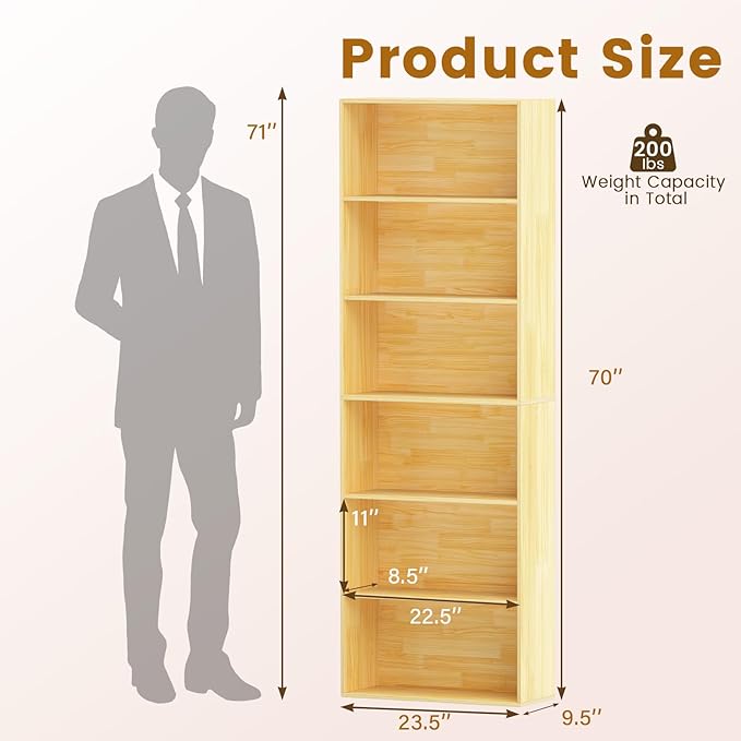 Tangkula 6-Tier Bookcase, 70” Tall Freestanding Bookshelf with 6 Open Shelves, Anti-Toppling Kits, Floor Display Storage Organizer for Living Room, Study, Kitchen, Home & Office (Burlywood, 70" H)