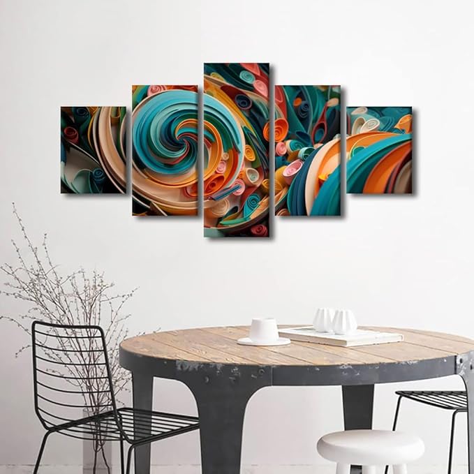 Wall Art Decor for Men Living Room Canvas Wall Art 5 Panel Abstract Canvas Wall Art Modern Colorful Paper Swirls Pster Printing for Lady Office Wall Decor Stretched and Framed Ready to Hang 60x32 in